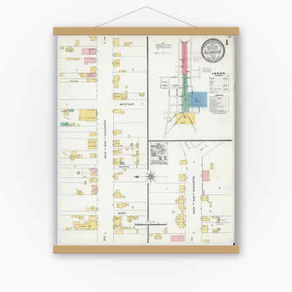 Old map wall art mockup — magnetic wood frame on white wall — Sanborn Fire Insurance Map from Williamsburg, Independent Cities, Virginia (1904) - Complete Map Set