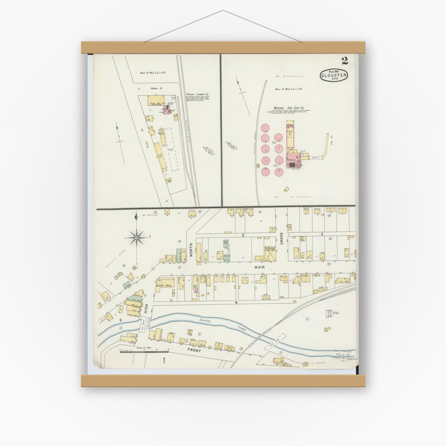 Old map wall art mockup — magnetic wood frame on white wall — Sanborn Fire Insurance Map from Glouster, Athens County, Ohio (1896), Sheet #0002
