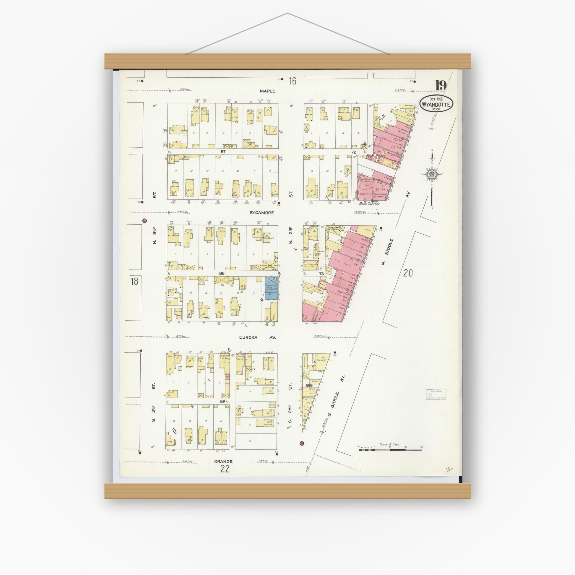 Old map wall art mockup — magnetic wood frame on white wall — Sanborn Fire Insurance Map from Wyandotte, Wayne County, Michigan (1912), Sheet #0019