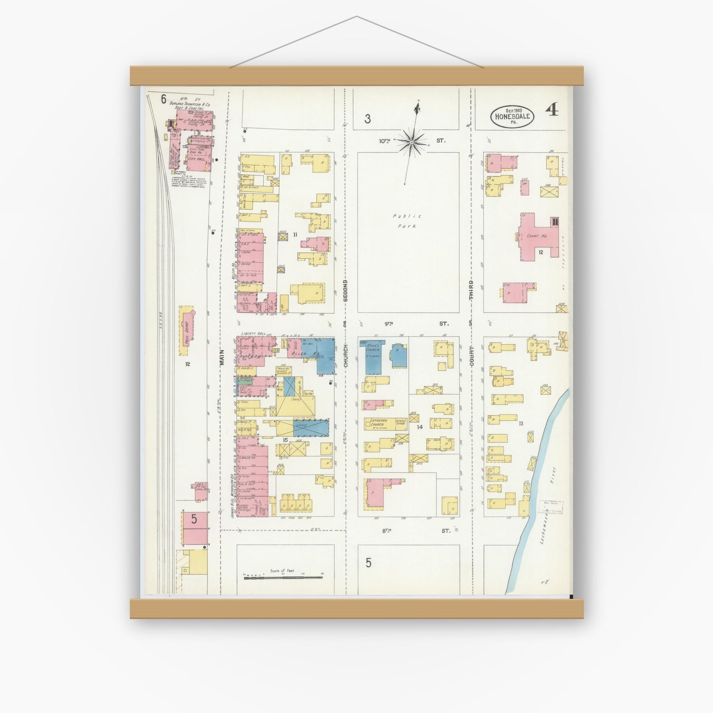 Old map wall art mockup — magnetic wood frame on white wall — Sanborn Fire Insurance Map from Honesdale, Wayne County, Pennsylvania (1903), Sheet #0004
