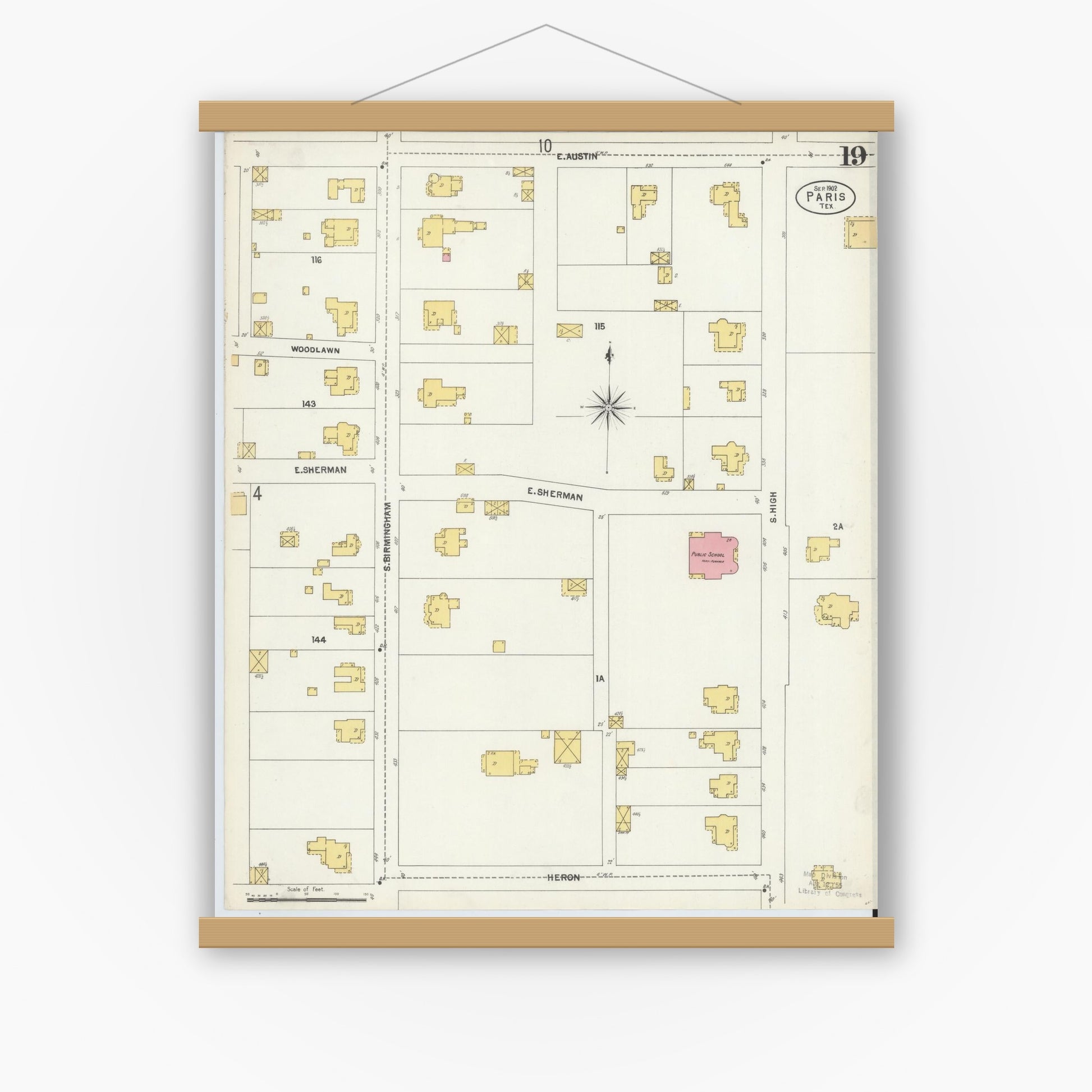 Old map wall art mockup — magnetic wood frame on white wall — Sanborn Fire Insurance Map from Paris, Lamar County, Texas (1902), Sheet #0019