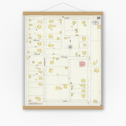 Old map wall art mockup — magnetic wood frame on white wall — Sanborn Fire Insurance Map from Paris, Lamar County, Texas (1902), Sheet #0019