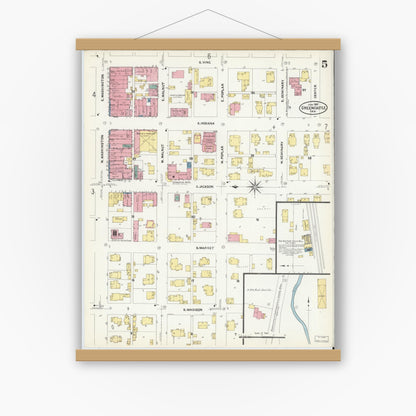 Old map wall art mockup — magnetic wood frame on white wall — Sanborn Fire Insurance Map from Greencastle, Putnam County, Indiana (1907), Sheet #0005