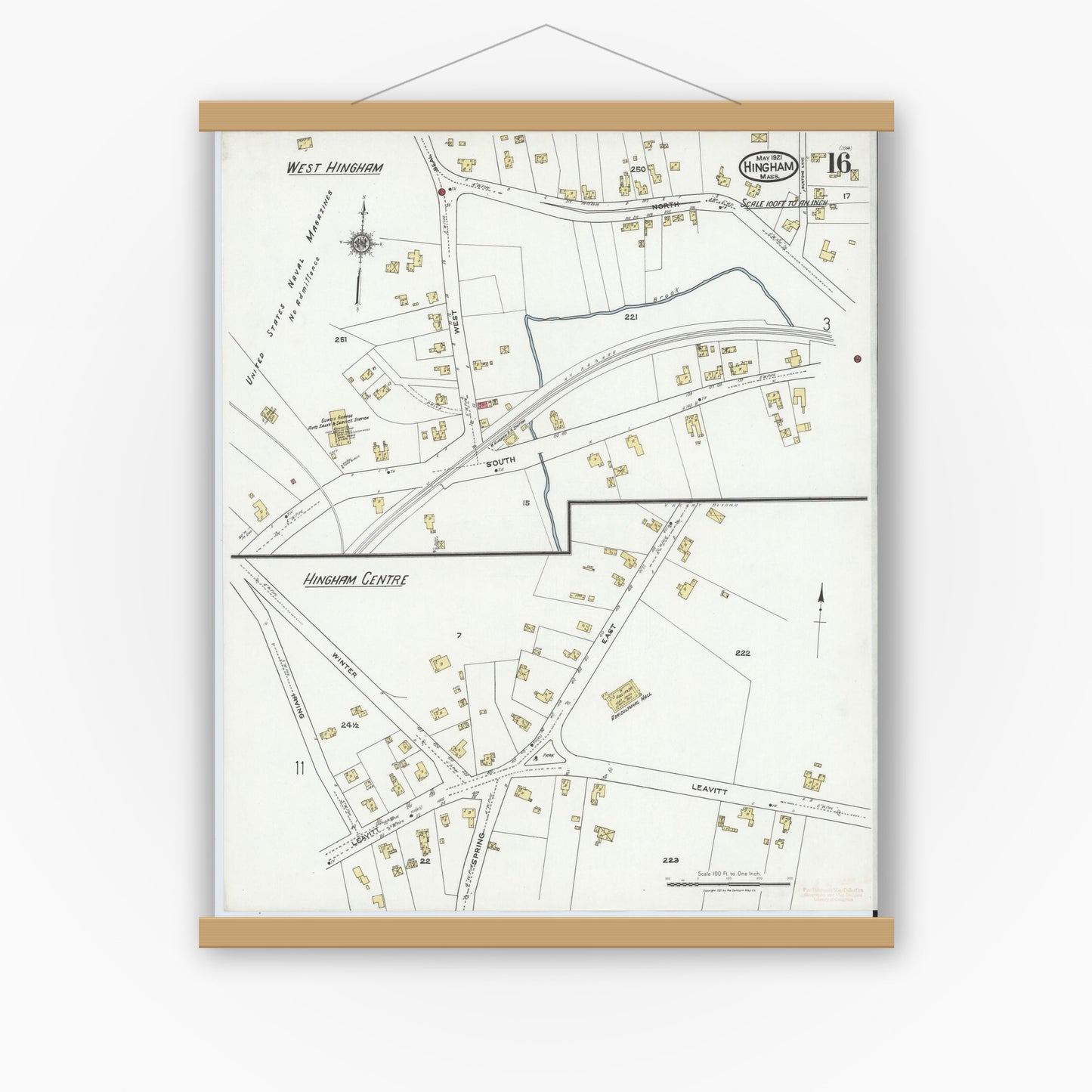 Old map wall art mockup — magnetic wood frame on white wall — Sanborn Fire Insurance Map from Hingham, Plymouth County, Massachusetts (1921), Sheet #0016