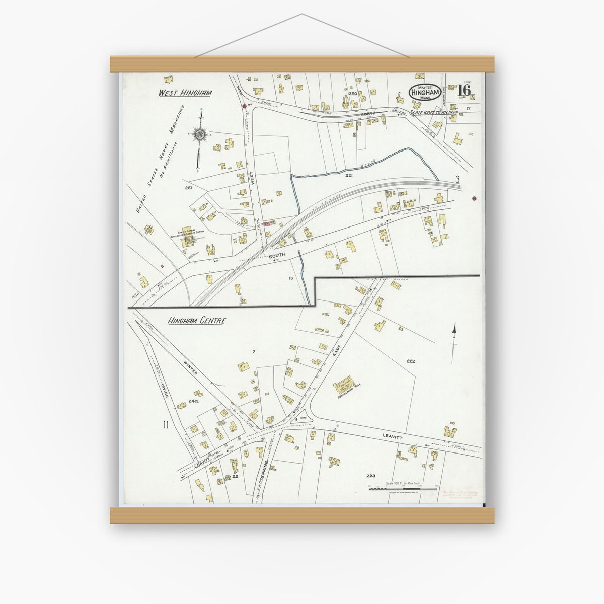 Old map wall art mockup — magnetic wood frame on white wall — Sanborn Fire Insurance Map from Hingham, Plymouth County, Massachusetts (1921), Sheet #0016