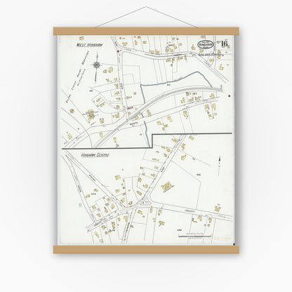 Old map wall art mockup — magnetic wood frame on white wall — Sanborn Fire Insurance Map from Hingham, Plymouth County, Massachusetts (1921), Sheet #0016