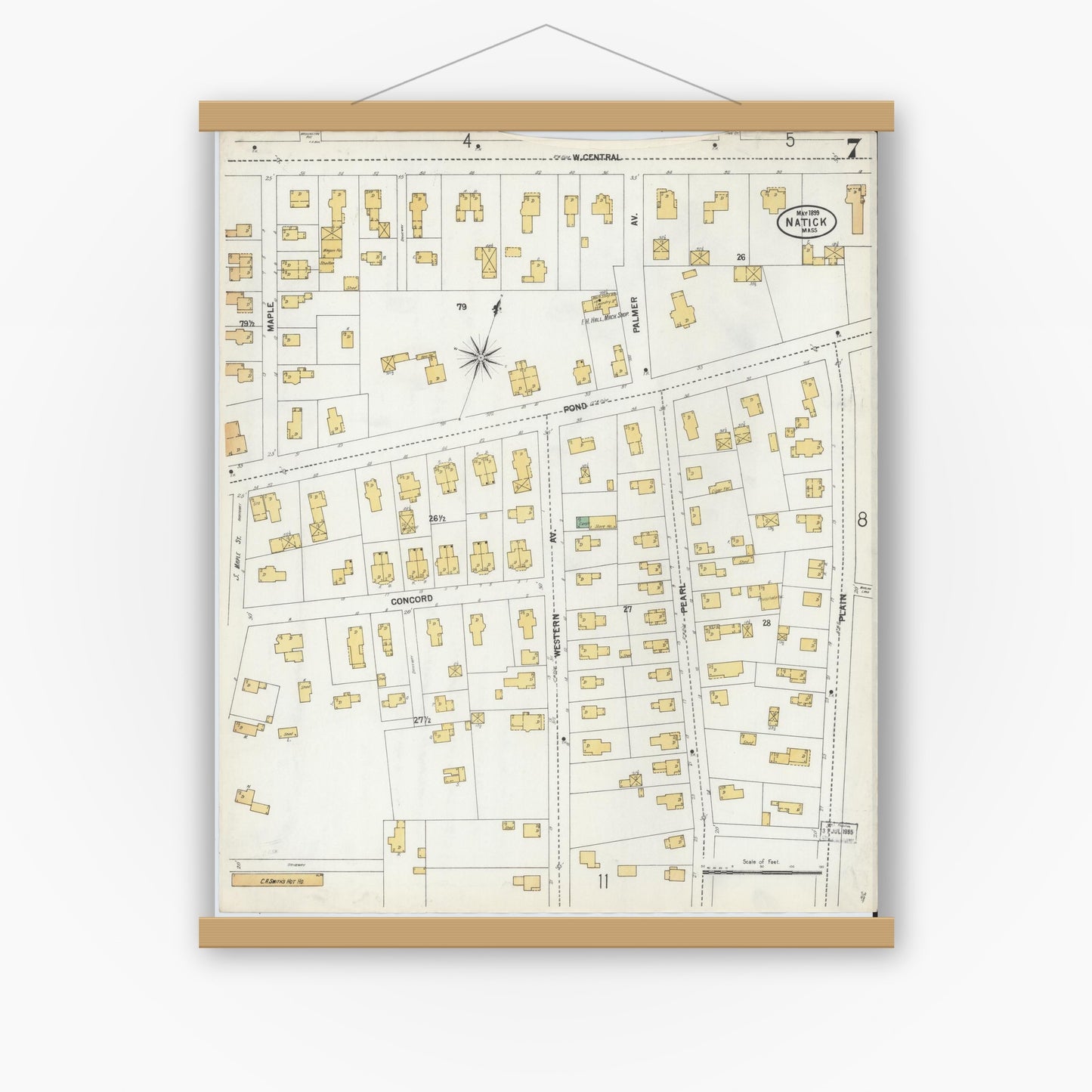 Old map wall art mockup — magnetic wood frame on white wall — Sanborn Fire Insurance Map from Natick, Middlesex County, Massachusetts (1899), Sheet #0007