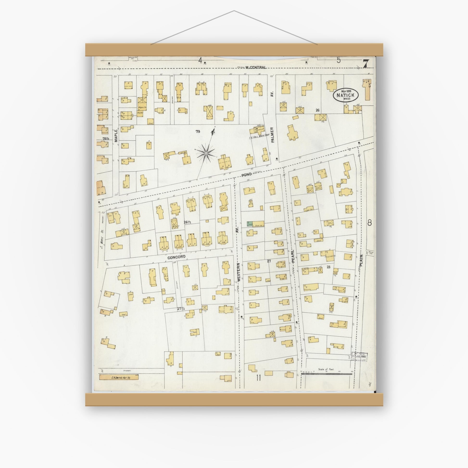 Old map wall art mockup — magnetic wood frame on white wall — Sanborn Fire Insurance Map from Natick, Middlesex County, Massachusetts (1899), Sheet #0007