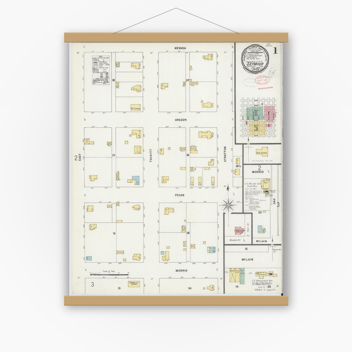 Old map wall art mockup — magnetic wood frame on white wall — Sanborn Fire Insurance Map from Seymour, Baylor County, Texas (1898), Sheet #0001