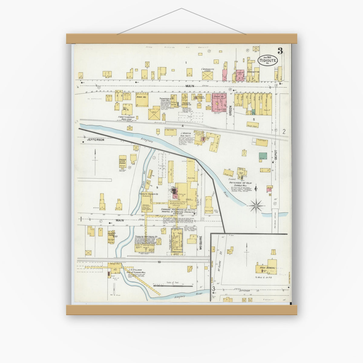 Old map wall art mockup — magnetic wood frame on white wall — Sanborn Fire Insurance Map from Tidioute, Warren County, Pennsylvania (1900), Sheet #0003