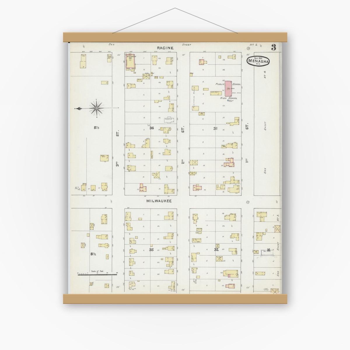 Old map wall art mockup — magnetic wood frame on white wall — Sanborn Fire Insurance Map from Menasha, Winnebago County, Wisconsin (1891), Sheet #0003