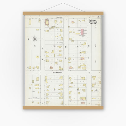 Old map wall art mockup — magnetic wood frame on white wall — Sanborn Fire Insurance Map from Menasha, Winnebago County, Wisconsin (1891), Sheet #0003