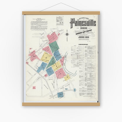 Old map wall art mockup — magnetic wood frame on white wall — Sanborn Fire Insurance Map from Painesville, Lake County, Ohio (1911) - Complete Map Set