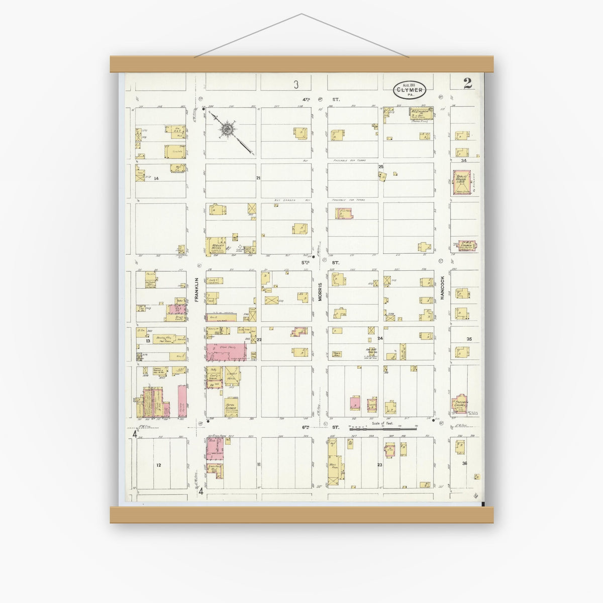 Old map wall art mockup — magnetic wood frame on white wall — Sanborn Fire Insurance Map from Clymer, Indiana County, Pennsylvania (1911), Sheet #0002