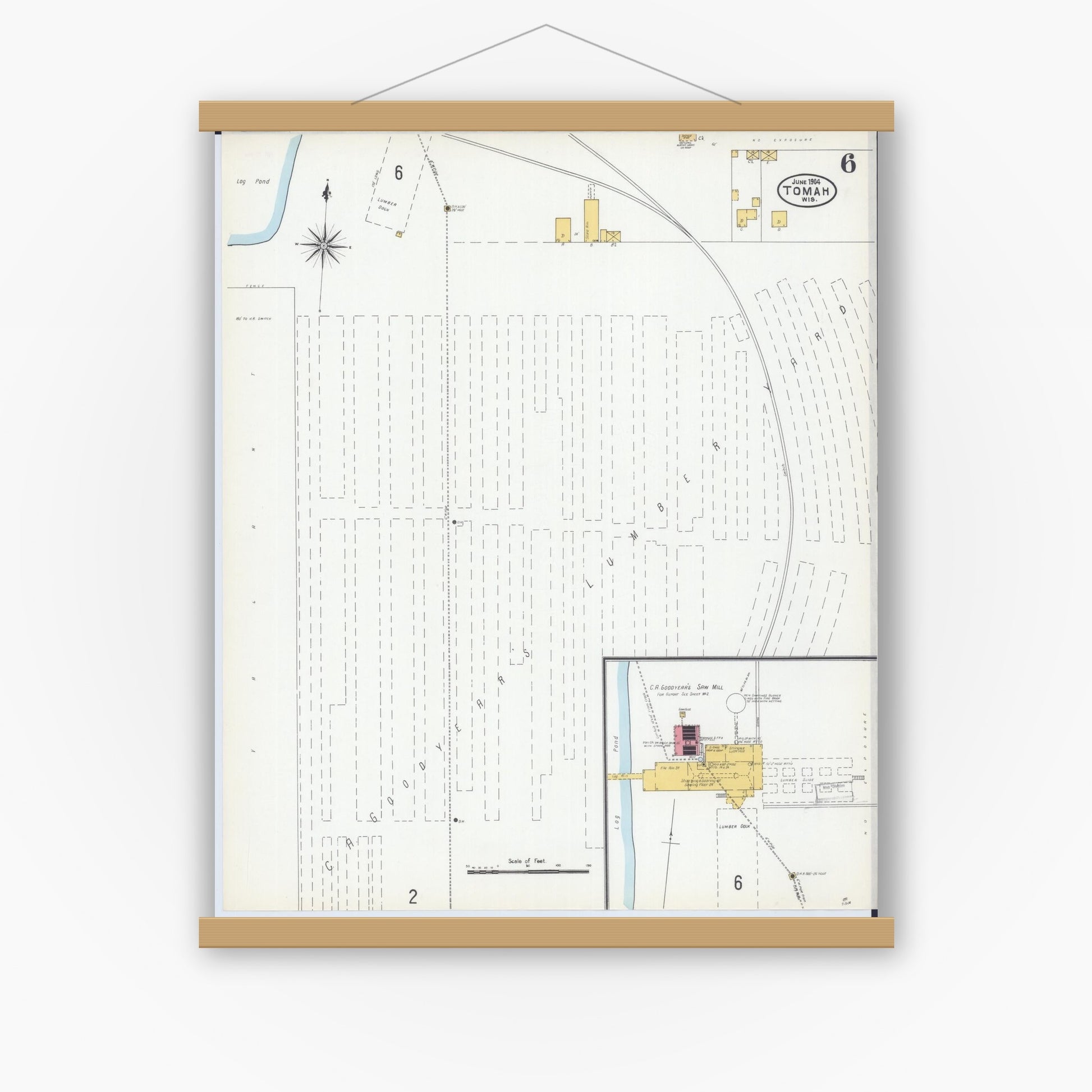 Old map wall art mockup — magnetic wood frame on white wall — Sanborn Fire Insurance Map from Tomah, Monroe County, Wisconsin (1904), Sheet #0006