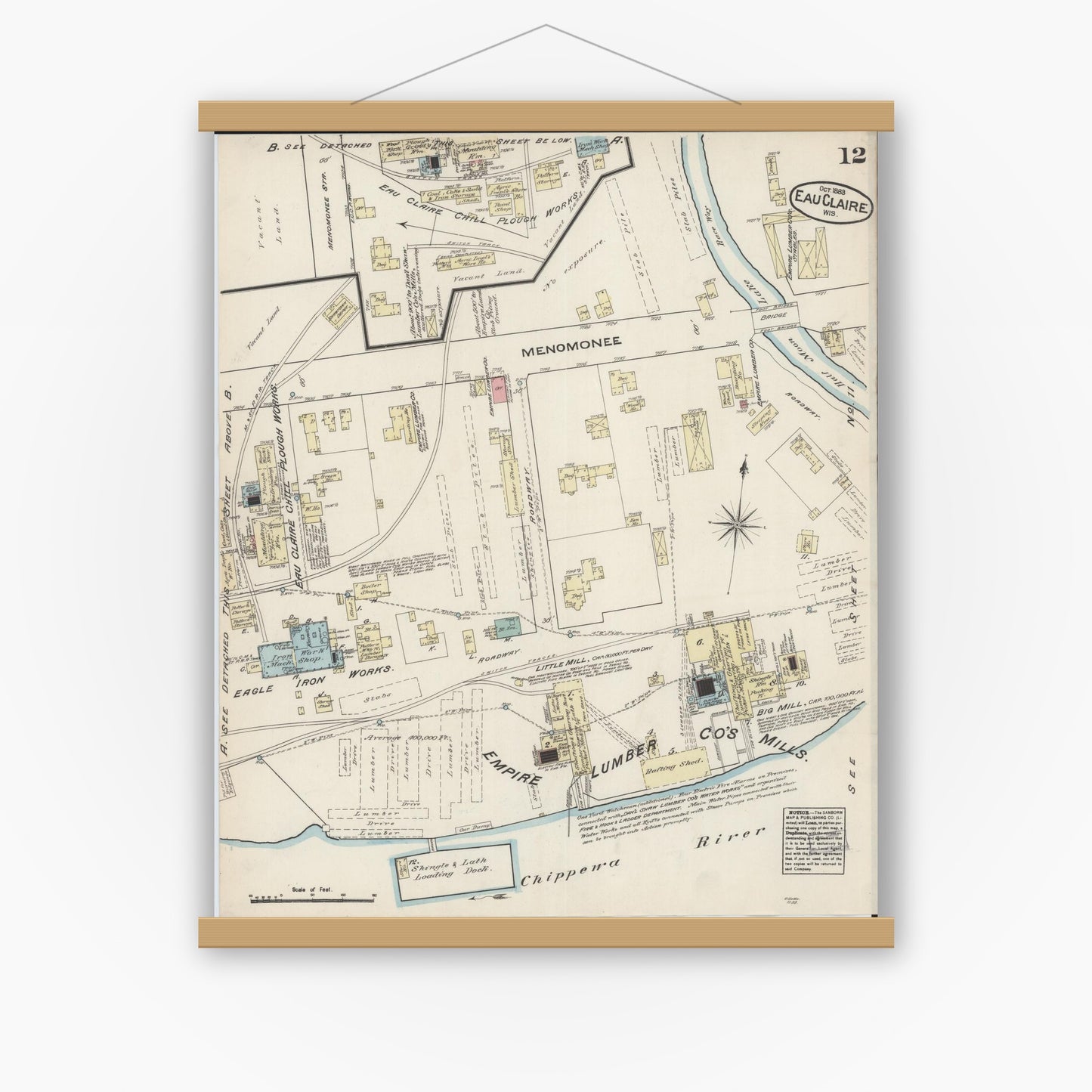Old map wall art mockup — magnetic wood frame on white wall — Sanborn Fire Insurance Map from Eau Claire, Eau Claire County, Wisconsin (1883), Sheet #0012