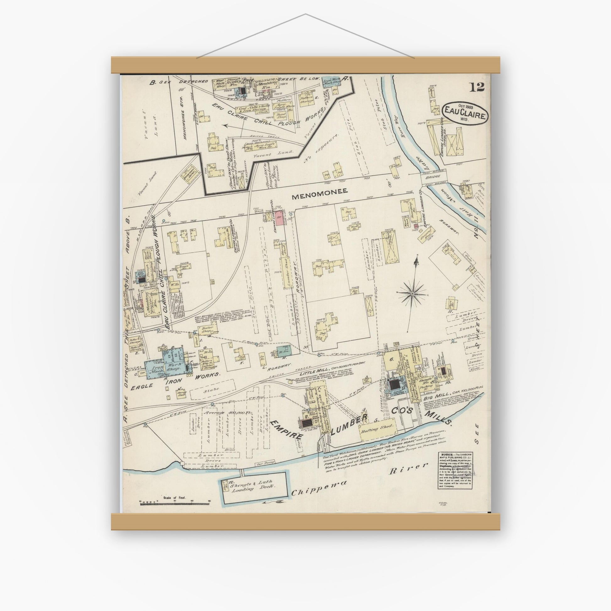 Old map wall art mockup — magnetic wood frame on white wall — Sanborn Fire Insurance Map from Eau Claire, Eau Claire County, Wisconsin (1883), Sheet #0012