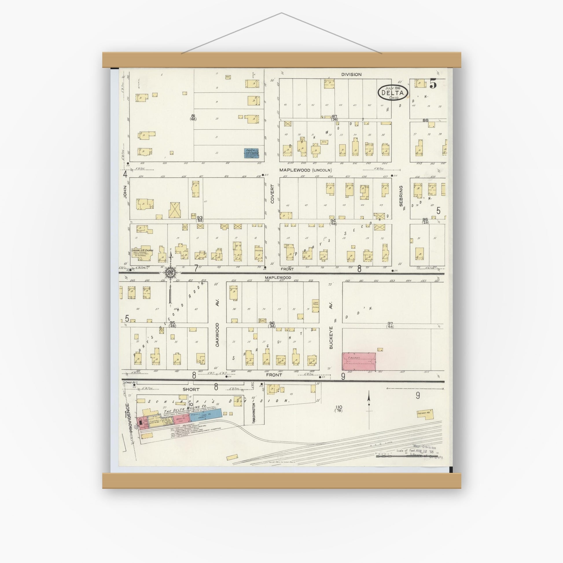 Old map wall art mockup — magnetic wood frame on white wall — Sanborn Fire Insurance Map from Delta, Fulton County, Ohio (1916), Sheet #0005