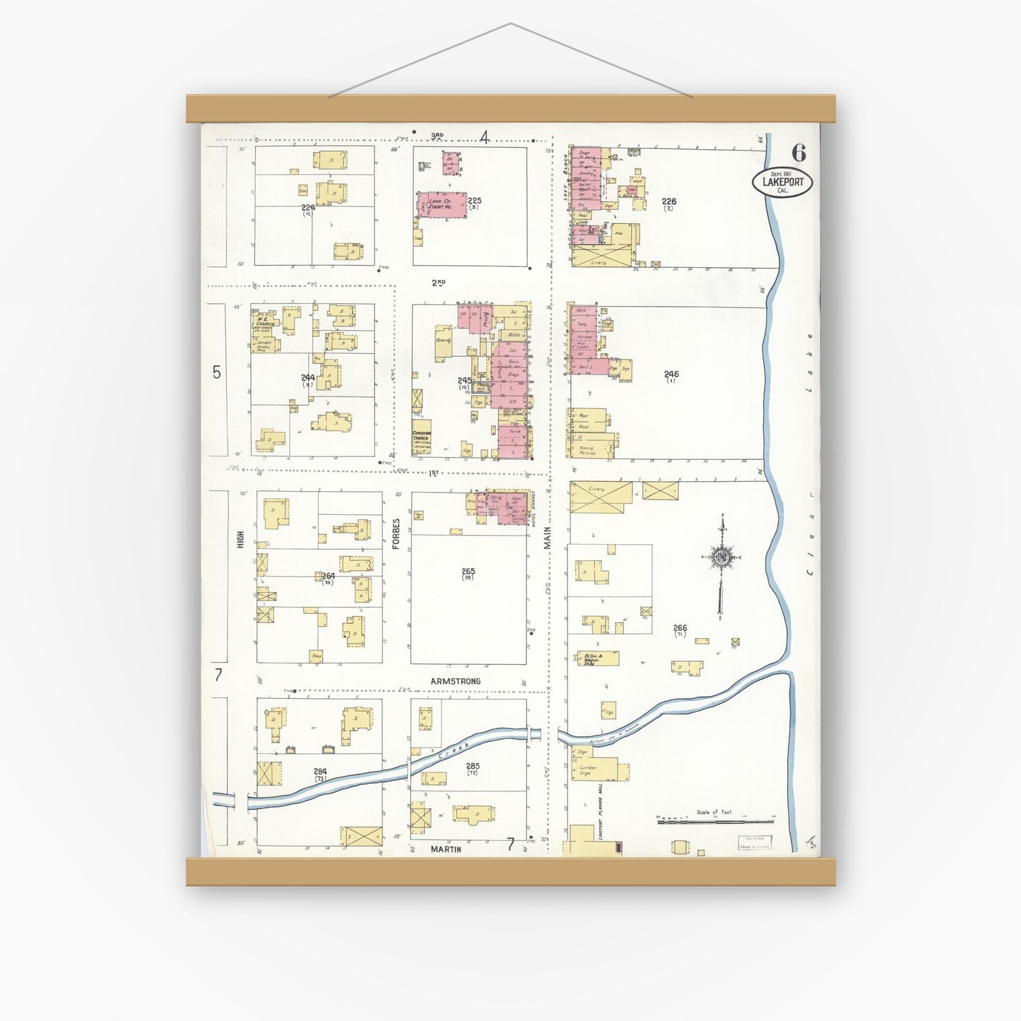 Old map wall art mockup — magnetic wood frame on white wall — Sanborn Fire Insurance Map from Lakeport, Lake County, California (1911), Sheet #0006