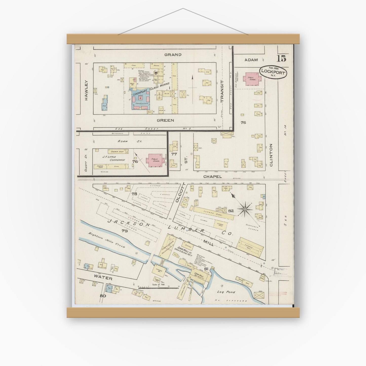 Old map wall art mockup — magnetic wood frame on white wall — Sanborn Fire Insurance Map from Lockport, Niagara County, New York (1886), Sheet #0014