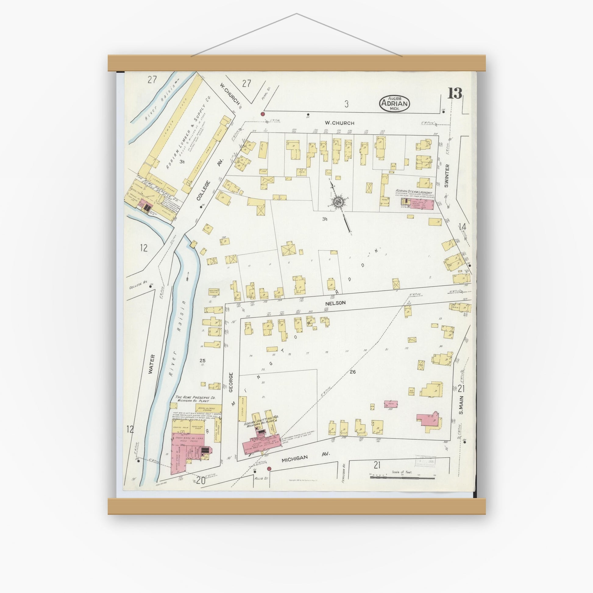 Old map wall art mockup — magnetic wood frame on white wall — Sanborn Fire Insurance Map from Adrian, Lenawee County, Michigan (1916), Sheet #0013