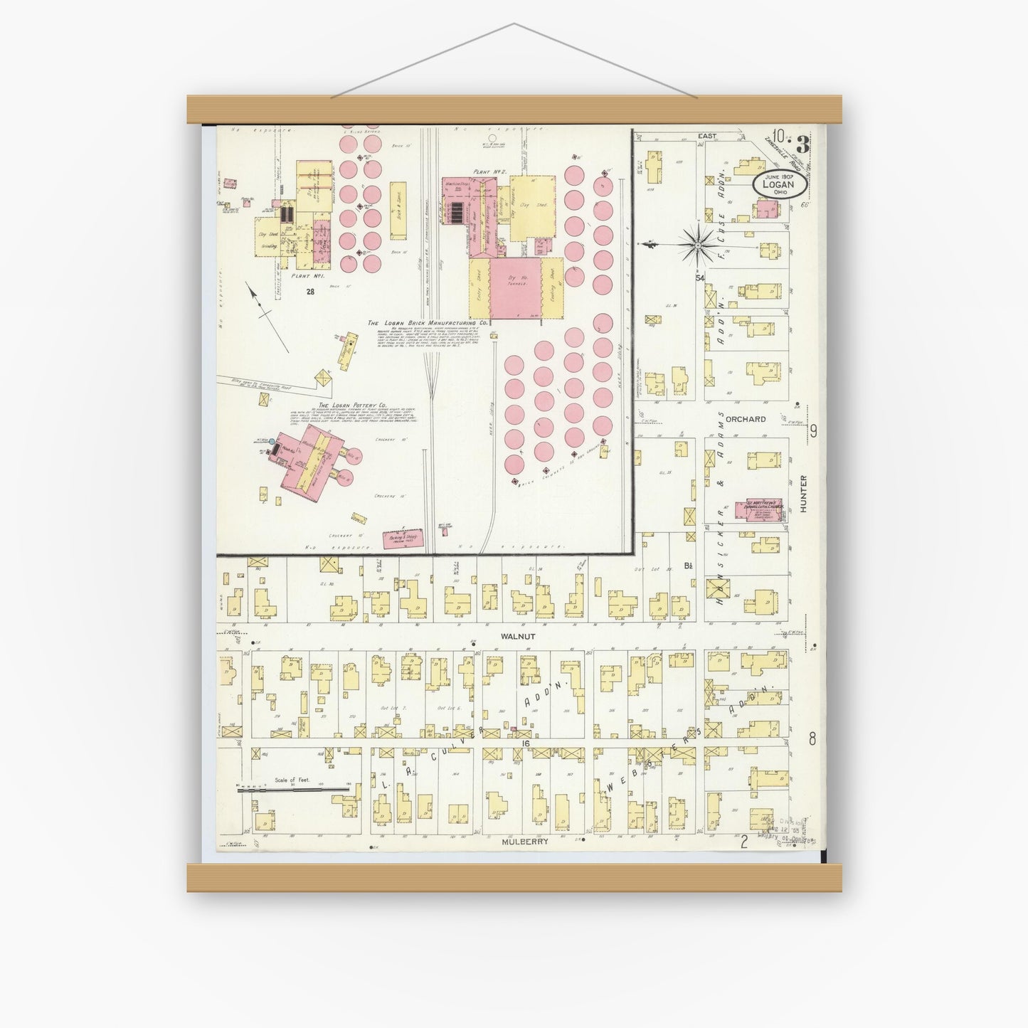 Old map wall art mockup — magnetic wood frame on white wall — Sanborn Fire Insurance Map from Logan, Hocking County, Ohio (1907), Sheet #0003
