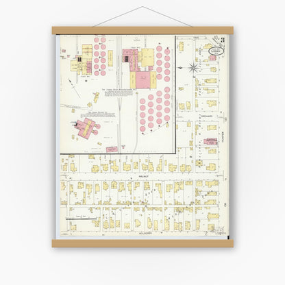 Old map wall art mockup — magnetic wood frame on white wall — Sanborn Fire Insurance Map from Logan, Hocking County, Ohio (1907), Sheet #0003