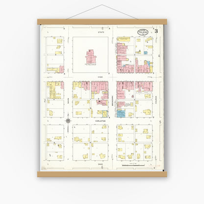 Old map wall art mockup — magnetic wood frame on white wall — Sanborn Fire Insurance Map from Toledo, Tama County, Iowa (1915), Sheet #0003
