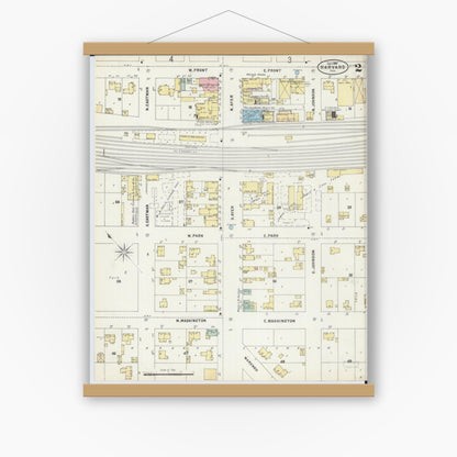 Old map wall art mockup — magnetic wood frame on white wall — Sanborn Fire Insurance Map from Harvard, McHenry County, Illinois (1897), Sheet #0002