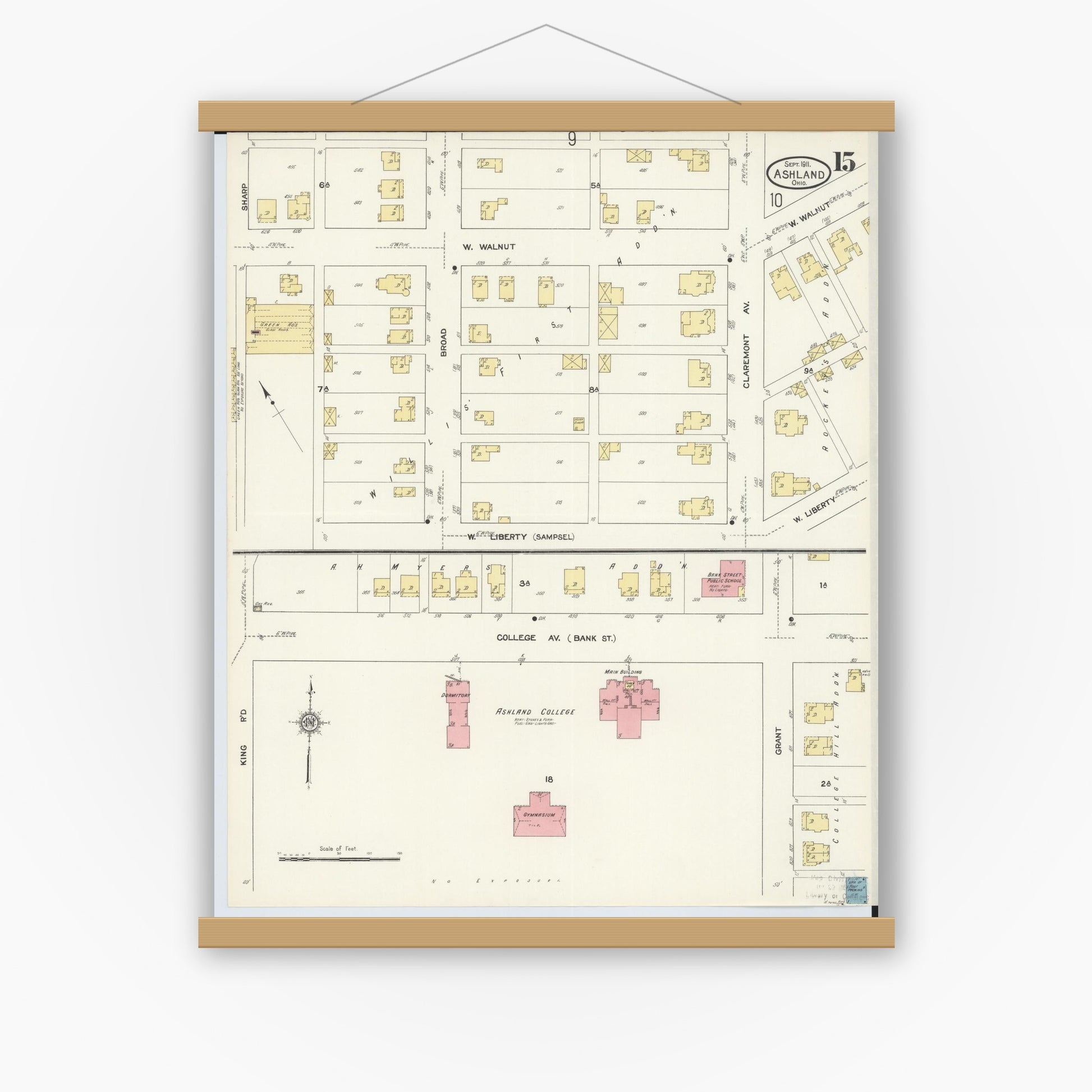 Old map wall art mockup — magnetic wood frame on white wall — Sanborn Fire Insurance Map from Ashland, Ashland County, Ohio (1911), Sheet #0015