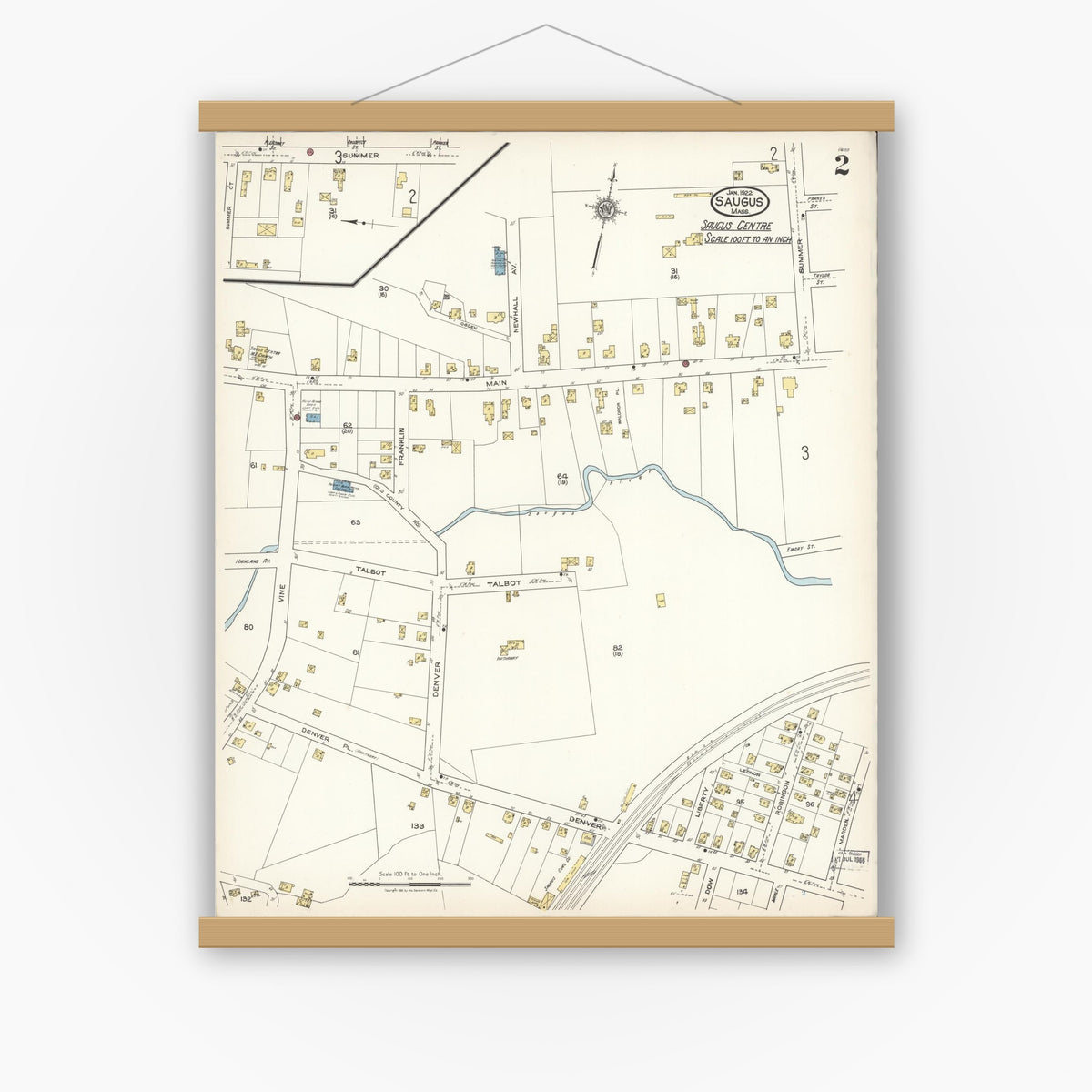 Old map wall art mockup — magnetic wood frame on white wall — Sanborn Fire Insurance Map from Saugus, Essex County, Massachusetts (1922), Sheet #0002