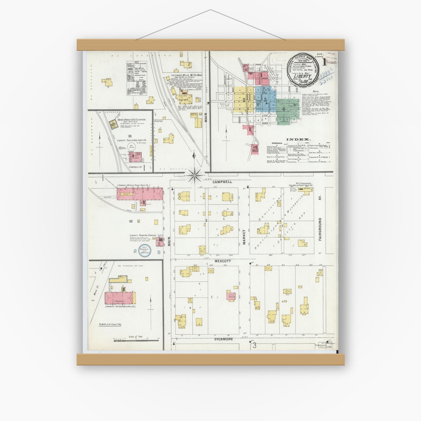 Old map wall art mockup — magnetic wood frame on white wall — Sanborn Fire Insurance Map from Liberty, Union County, Indiana (1899) - Complete Map Set