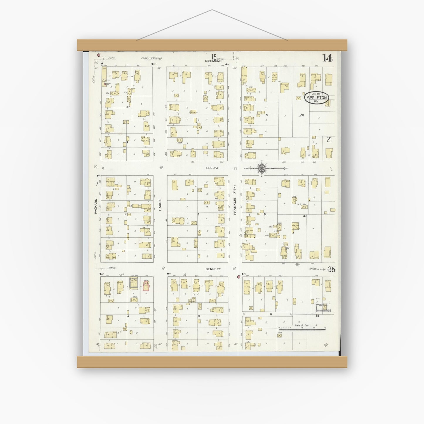 Old map wall art mockup — magnetic wood frame on white wall — Sanborn Fire Insurance Map from Appleton, Outagamie County, Wisconsin (1911), Sheet #0014