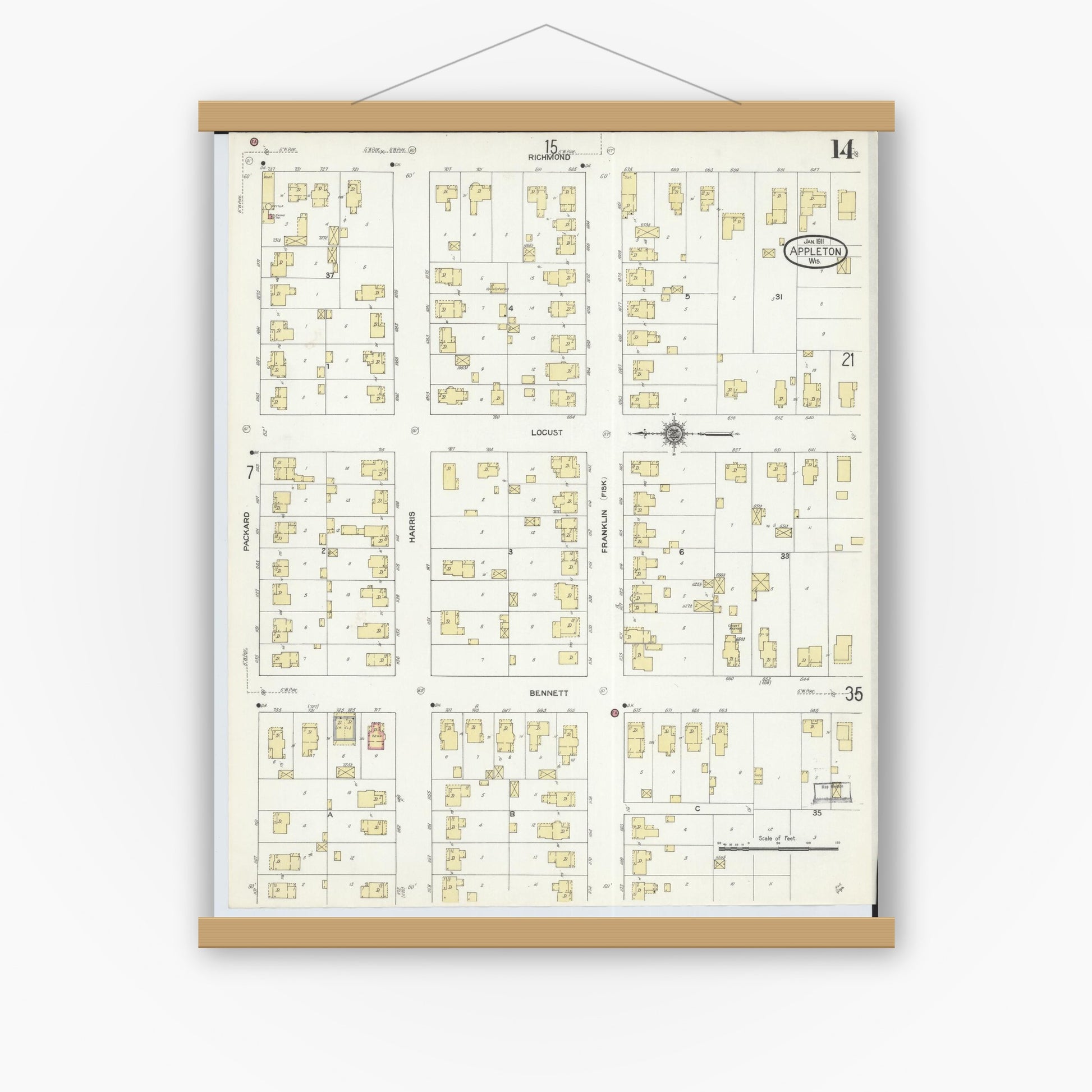 Old map wall art mockup — magnetic wood frame on white wall — Sanborn Fire Insurance Map from Appleton, Outagamie County, Wisconsin (1911), Sheet #0014