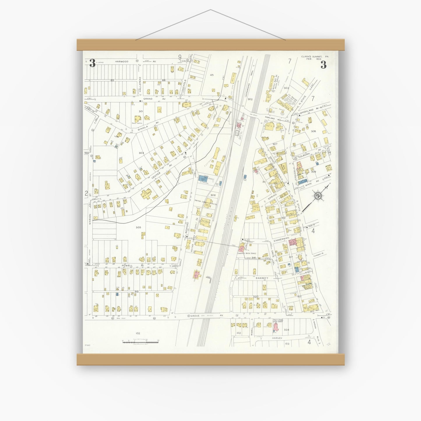 Old map wall art mockup — magnetic wood frame on white wall — Sanborn Fire Insurance Map from Clark's Summit, Lackawanna County, Pennsylvania (1933), Sheet #0003