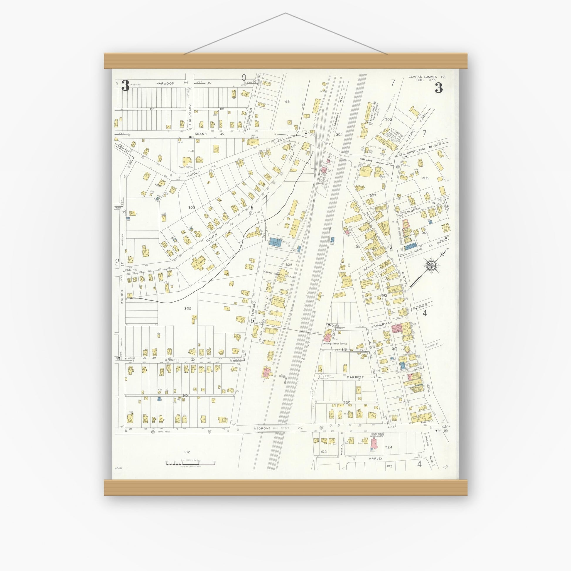 Old map wall art mockup — magnetic wood frame on white wall — Sanborn Fire Insurance Map from Clark's Summit, Lackawanna County, Pennsylvania (1933), Sheet #0003