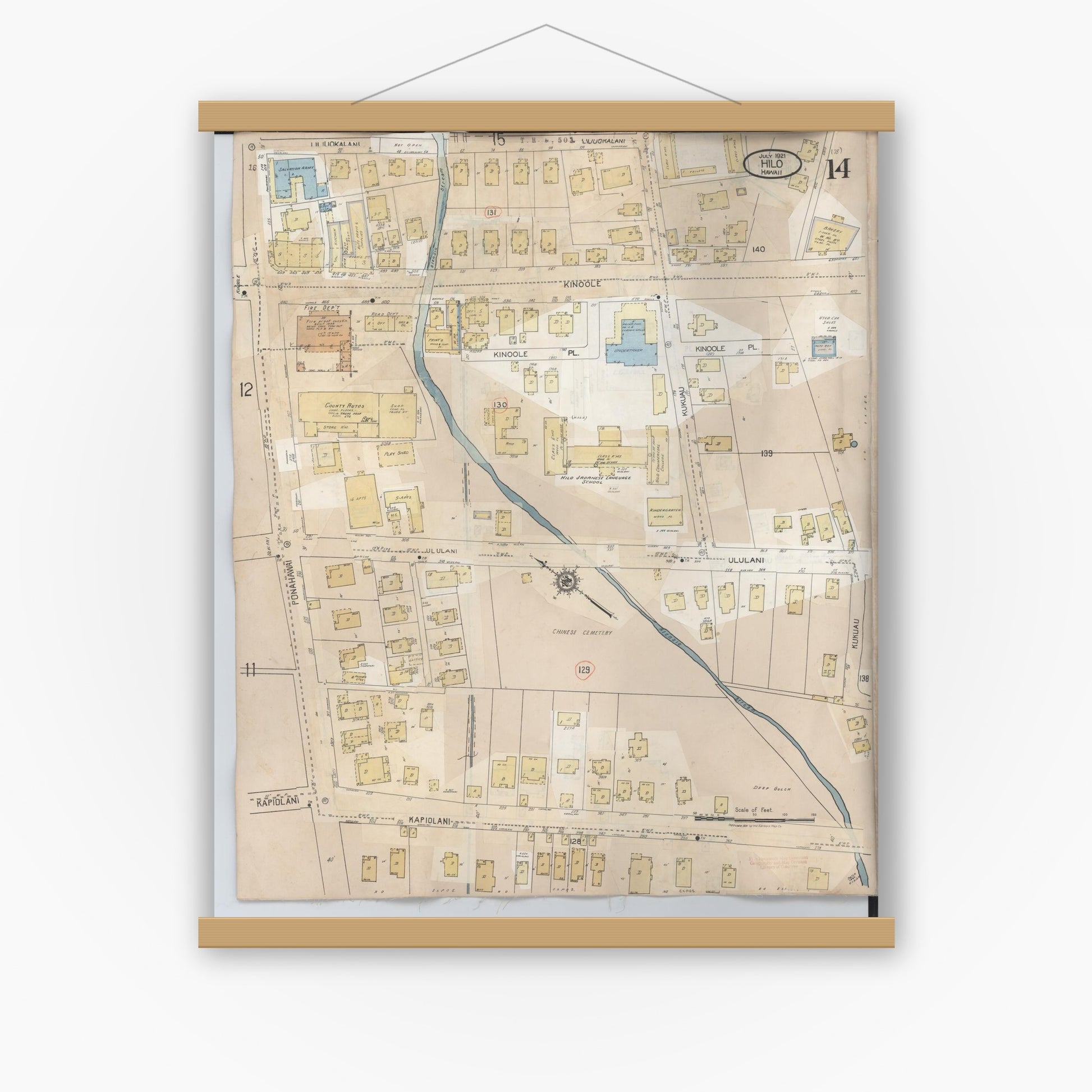 Old map wall art mockup — magnetic wood frame on white wall — Sanborn Fire Insurance Map from Hilo, Hawaii County, Hawaii (1957), Sheet #0014