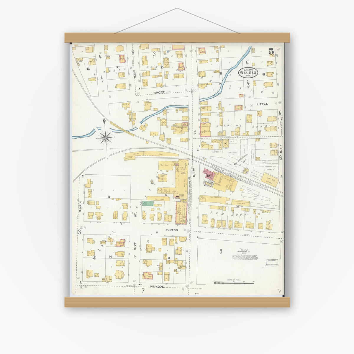 Old map wall art mockup — magnetic wood frame on white wall — Sanborn Fire Insurance Map from Wausau, Marathon County, Wisconsin (1904), Sheet #0005