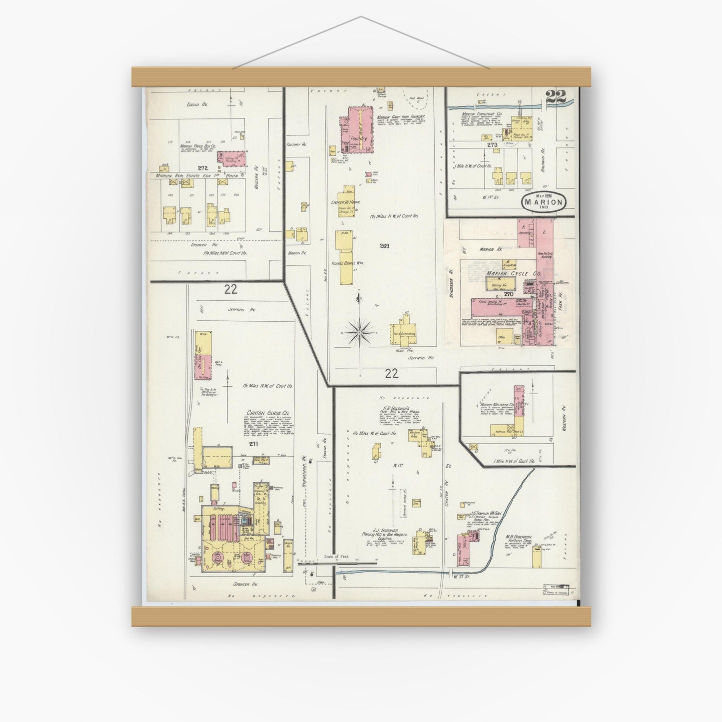 Old map wall art mockup — magnetic wood frame on white wall — Sanborn Fire Insurance Map from Marion, Grant County, Indiana (1896), Sheet #0022