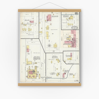 Old map wall art mockup — magnetic wood frame on white wall — Sanborn Fire Insurance Map from Marion, Grant County, Indiana (1896), Sheet #0022