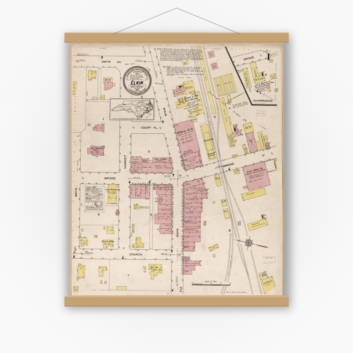 Old map wall art mockup — magnetic wood frame on white wall — Sanborn Fire Insurance Map from Elkin, Surrey County, North Carolina (1915), Sheet #0001
