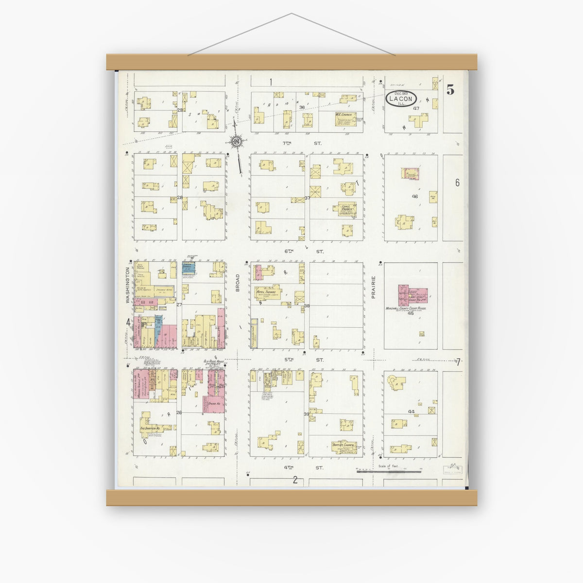 Old map wall art mockup — magnetic wood frame on white wall — Sanborn Fire Insurance Map from Lacon, Marshall County, Illinois (1913), Sheet #0005