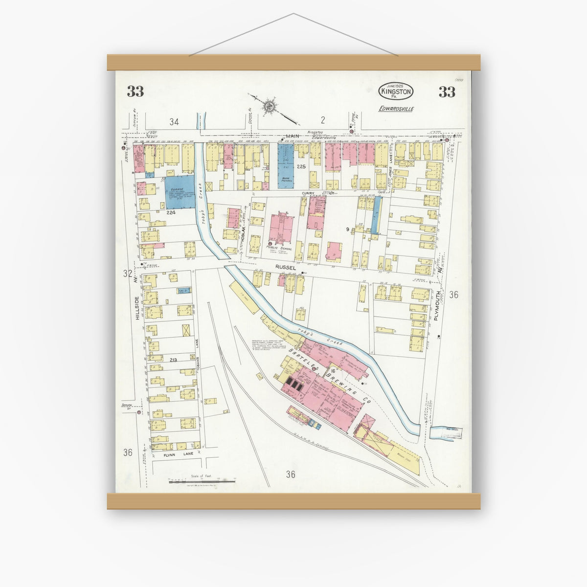 Old map wall art mockup — magnetic wood frame on white wall — Sanborn Fire Insurance Map from Kingston, Luzerne County, Pennsylvania (1925), Sheet #0033
