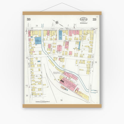 Old map wall art mockup — magnetic wood frame on white wall — Sanborn Fire Insurance Map from Kingston, Luzerne County, Pennsylvania (1925), Sheet #0033