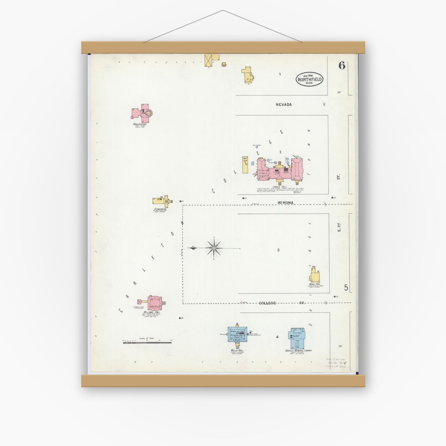Old map wall art mockup — magnetic wood frame on white wall — Sanborn Fire Insurance Map from Northfield, Rice County, Minnesota (1900), Sheet #0006