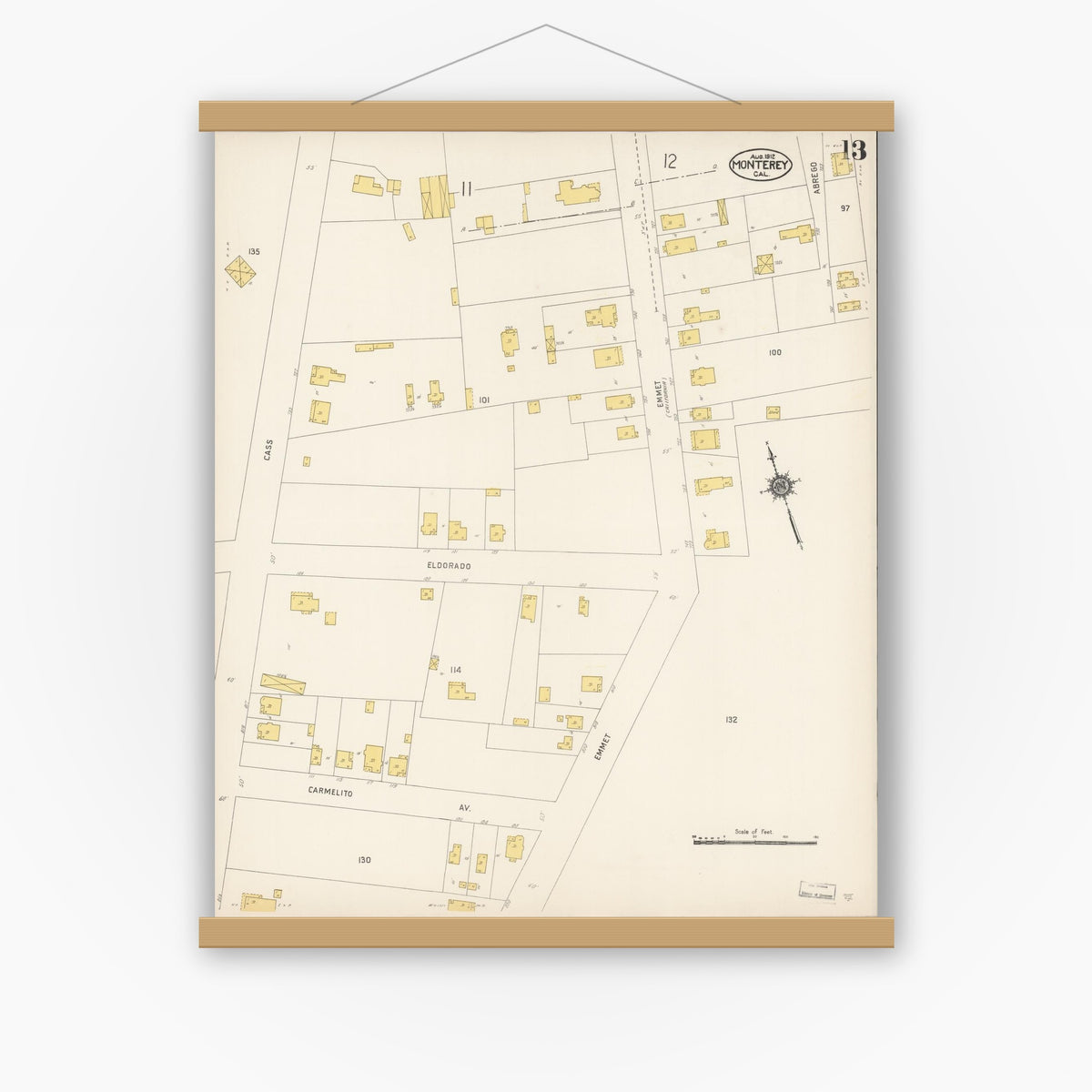 Old map wall art mockup — magnetic wood frame on white wall — Sanborn Fire Insurance Map from Monterey, Monterey County, California (1912), Sheet #0013