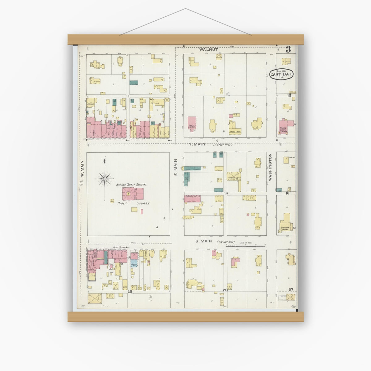 Old map wall art mockup — magnetic wood frame on white wall — Sanborn Fire Insurance Map from Carthage, Hancock County, Illinois (1893), Sheet #0003