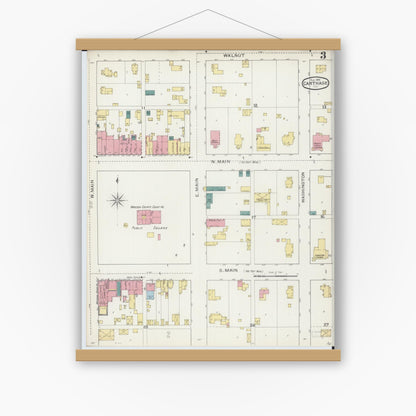Old map wall art mockup — magnetic wood frame on white wall — Sanborn Fire Insurance Map from Carthage, Hancock County, Illinois (1893), Sheet #0003