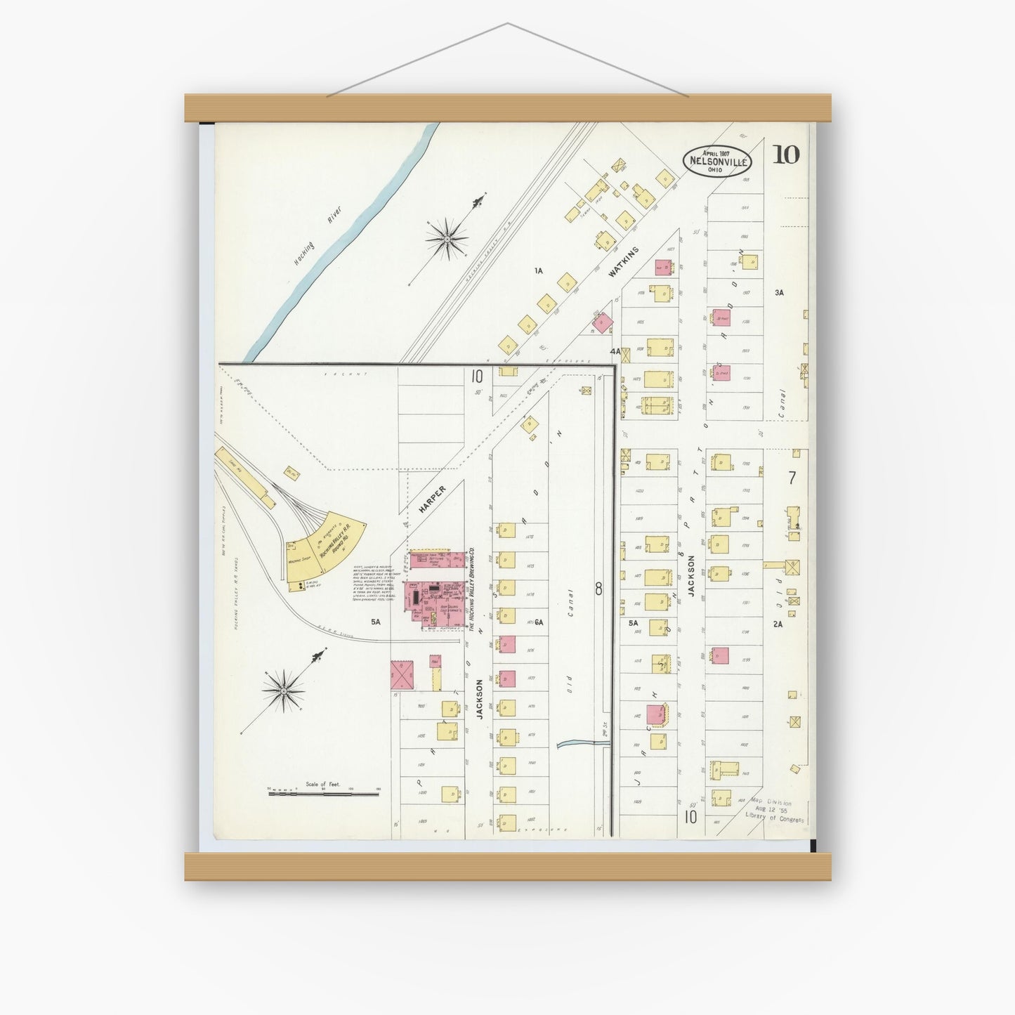 Old map wall art mockup — magnetic wood frame on white wall — Sanborn Fire Insurance Map from Nelsonville, Athens County, Ohio (1907), Sheet #0010