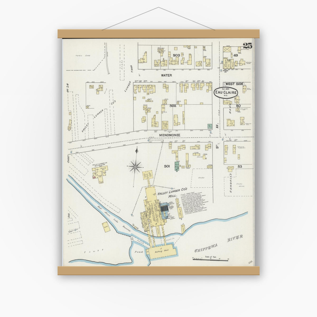 Old map wall art mockup — magnetic wood frame on white wall — Sanborn Fire Insurance Map from Eau Claire, Eau Claire County, Wisconsin (1889), Sheet #0025